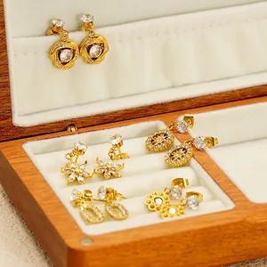 Flower Geometric Drop Stud Earrings 18K Gold Plated Stainless Steel Zircon Rhinestone Hypoallergenic Jewelry For Women