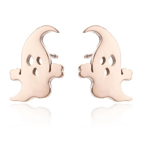 Vista dettagliata di orecchini a lobo fantasma in oro rosa lucido per Halloween