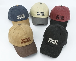Detail view of five baseball caps with NEW YORK embroidery and varied color blocking