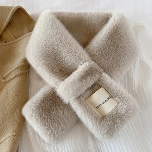 Thick faux rabbit fur winter scarf in oatmeal beige with a stylish cross-pull design