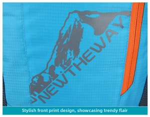 Detail of blue outdoor backpack featuring mountain print and NEW THE WAY text design