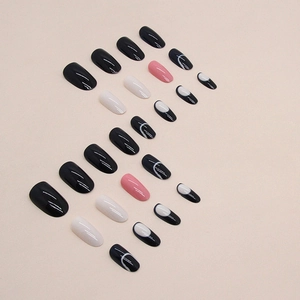 Chic dark orchid black press-on nails with oval shape and minimalist artistic patterns