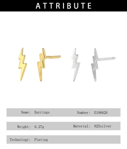 Detail showing 925 silver lightning bolt stud earrings with plating material specifications