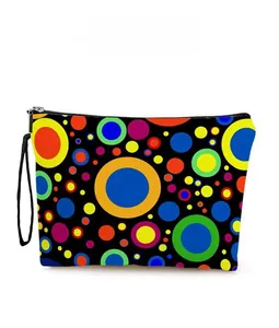 Detailed pattern display of a colorful polka dot makeup bag with a sturdy zipper and wrist strap
