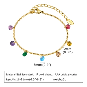 Detail view of gold-plated stainless steel bracelet with colored zircon stones and dimensions