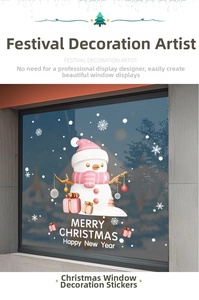 Detail of Christmas snowman window decal with 3D gift boxes and Merry Christmas text
