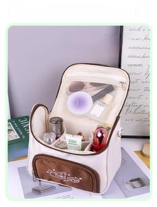 Interior detail of large capacity makeup bag with multi-functional storage dividers