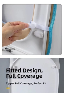 Detail of velvet toilet seat cover with zipper and adhesive strap for a secure fit