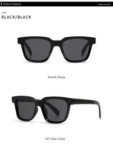 Detail view showing front and 45-degree side of black square sunglasses with dark lenses
