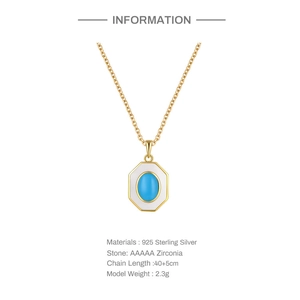 Detail showing 925 sterling silver octagon pendant with blue zirconia and dimensions