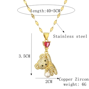 Detail specifications of golden bear necklace with red heart zircon and white pearl