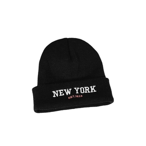 Black ribbed knit beanie featuring white New York embroidery and pink Est. 1625 text detail