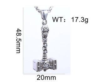 Detailed size view of silver Thor Hammer pendant featuring Valknut symbols and Nordic patterns
