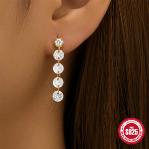 Luxurious S925 sterling silver gold-plated long tassel earrings with sparkling zircons