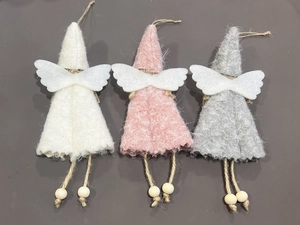 Close-up of three plush angel ornaments in white, pink and grey with wooden beads