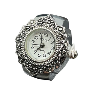 Silver quartz ring watch with white dial and vintage metal engraving for men and women
