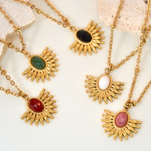 Bohemian 14K gold plated stainless steel fan-shaped necklace with natural stone inlays