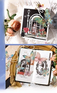 Detailed view of laser gold butterfly PET stickers applied to a vintage journal layout