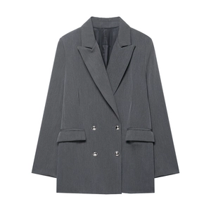 Veste Blazer Femme À Double Boutonnage Gris Foncé Coupe Cintrée Bureau Carrière Professionnel Manches Longues Polyester