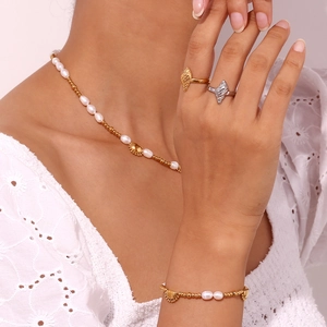 Fashion 18K gold plated stainless steel conch open ring and pearl jewelry set for women