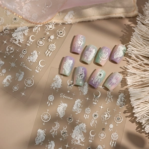 Unicorn Dreamcatcher Star Moon Nail Art Stickers White Embossed Ethereal Dreamy DIY Nail Decoration With Rhinestones
