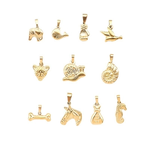 Collection of 11 vintage 18K gold-plated stainless steel animal pendants on white background