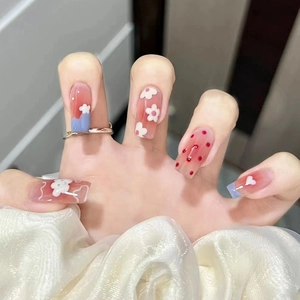 Pink Blush Gradient Press On Nails Sweet Cloud Flower Pattern False Nails Medium Length Coffin Shape Plastic Artificial For Women