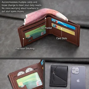 Slim men's leather wallet with multiple card slots and large cash compartment