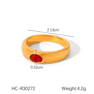 Detail view of a gold-plated stainless steel ring with an oval red ruby and size markings