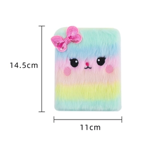 Plush rainbow cat diary with pink sequin bow showing 14.5cm x 11cm dimensions