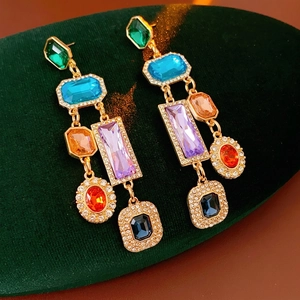 Vintage luxury earrings with colorful square crystals and silver needles in gold plating