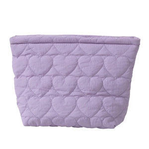 Purple quilted heart pattern makeup bag with spacious interior and soft nylon texture
