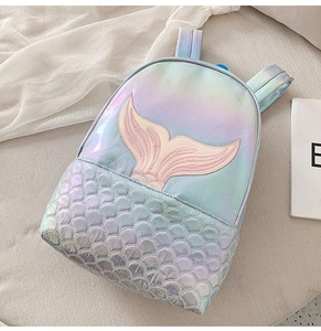 Close-up of laser finish mermaid backpack with fish tail embroidery and scale quilting