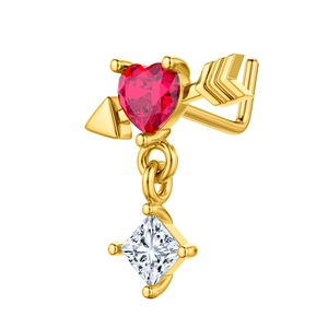 Detailed view of an L-shaped 18k gold plated nose stud with red heart and square zircon