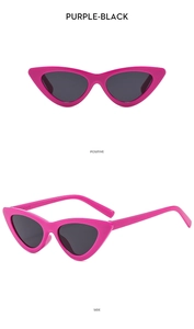 Front and side views of purple cat eye sunglasses for kids with black lenses