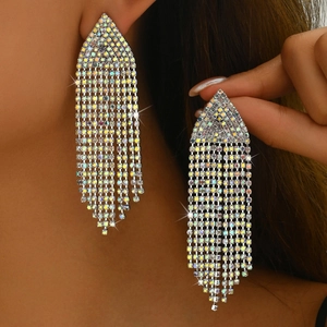 Elegant waterfall tassel earrings with multi-color rhinestones in silver finish