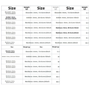 Size chart showing width and weight specs for 2mm to 6mm 18k gold snake chain jewelry