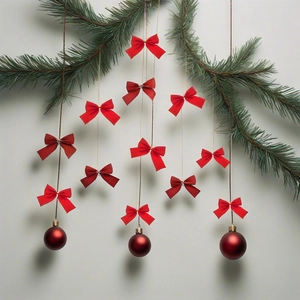 Detail of red satin bow and matte red baubles hanging on green Christmas tree branches