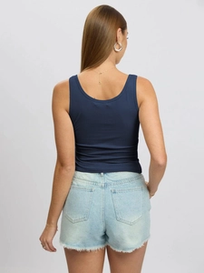 Detailed back view of a navy blue ribbed tank top showing high-quality slim fit texture