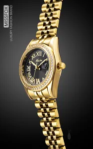 Detail of gold watch band with Roman numeral dial and diamond-set bezel design
