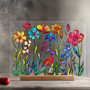 Artistic floral acrylic plaque on rectangular wood base for elegant office desk decor