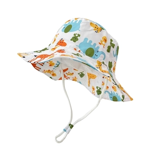 Close-up of kids sun hat with colorful animal patterns and adjustable safety chin strap