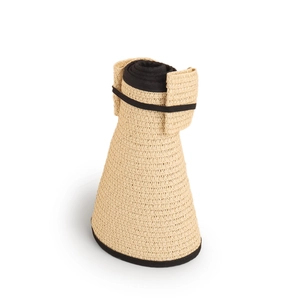 Foldable women's straw sun visor with black fabric trim and compact rollable design