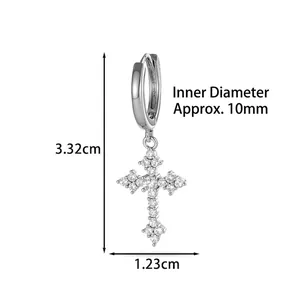 Silver cross huggie hoop earrings with micro-inlaid zircons and 3.32cm total height