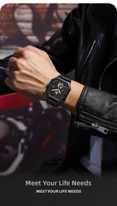 Detail of square quartz watch with black leather strap and orange stitching on wrist
