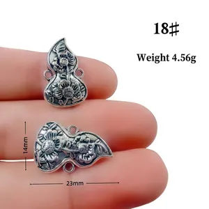 Macro detail of antique silver gourd pendants with floral relief and size dimensions
