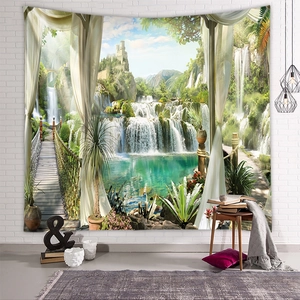 Detail of wall tapestry showing 3D waterfall landscape with castle and nature scenery