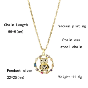 Detail view of colorful zircon bear pendant with size and weight text specs