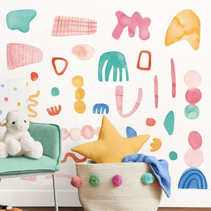 Colorful irregular geometric PVC wall decals set for kids room in pastel tones