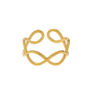 Detailed close-up of golden infinity symbol ring with matte finish and open design
